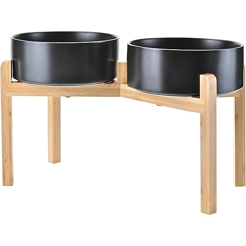 SPUNKYJUNKY Elevated Dog Bowls Ceramic, 8.3'' Dogs Food Water Bowls Raised with Non-Slip Bamboo Stand for Large Sized Breed Microwave Dishwasher Safe - 60 OZ,Black