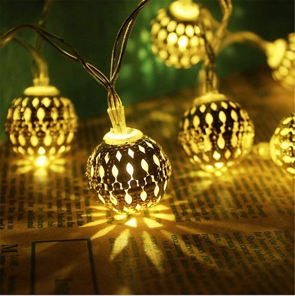 Hulx Warm Moroccan String Lights, 3M 20Led Moroccan Ball Outdoor String Lights Metal Ball Lights Moroccan String Light Metal Fairy Lights Battery (Warm)