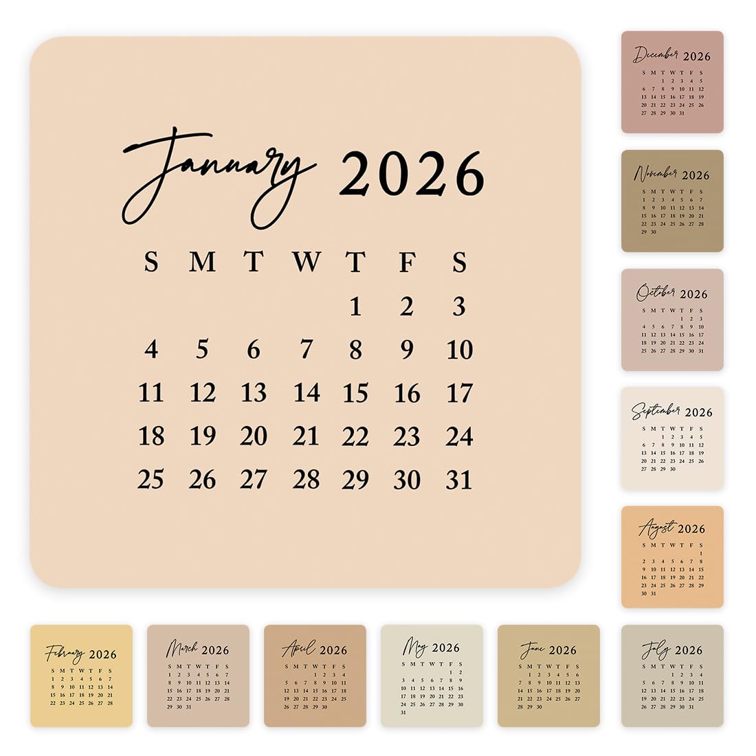 Andaz Press Small Month Stickers, Boho Neutral Colors Mini Square Monthly Stickers for Planners, 24 Mini 2026 Calendar Month Planner Labels, 12 2027