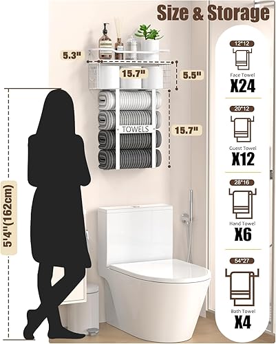 Miniatura 6 de Toalleros para baño montado en la pared, juego de toalleros de pared de baño sobre el inodoro, organizador de toallas enrollado para baño pequeño,