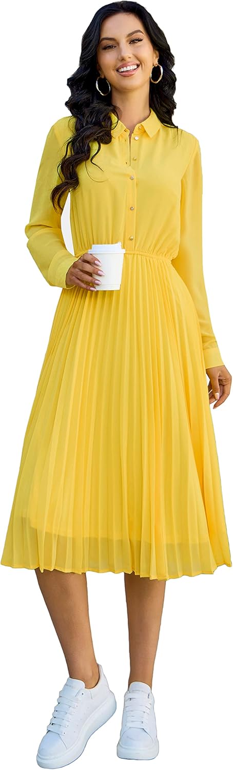 Business Casual Shirt Dress for Women Long Sleeves Pleated Midi Dresses with Belt - Image 2