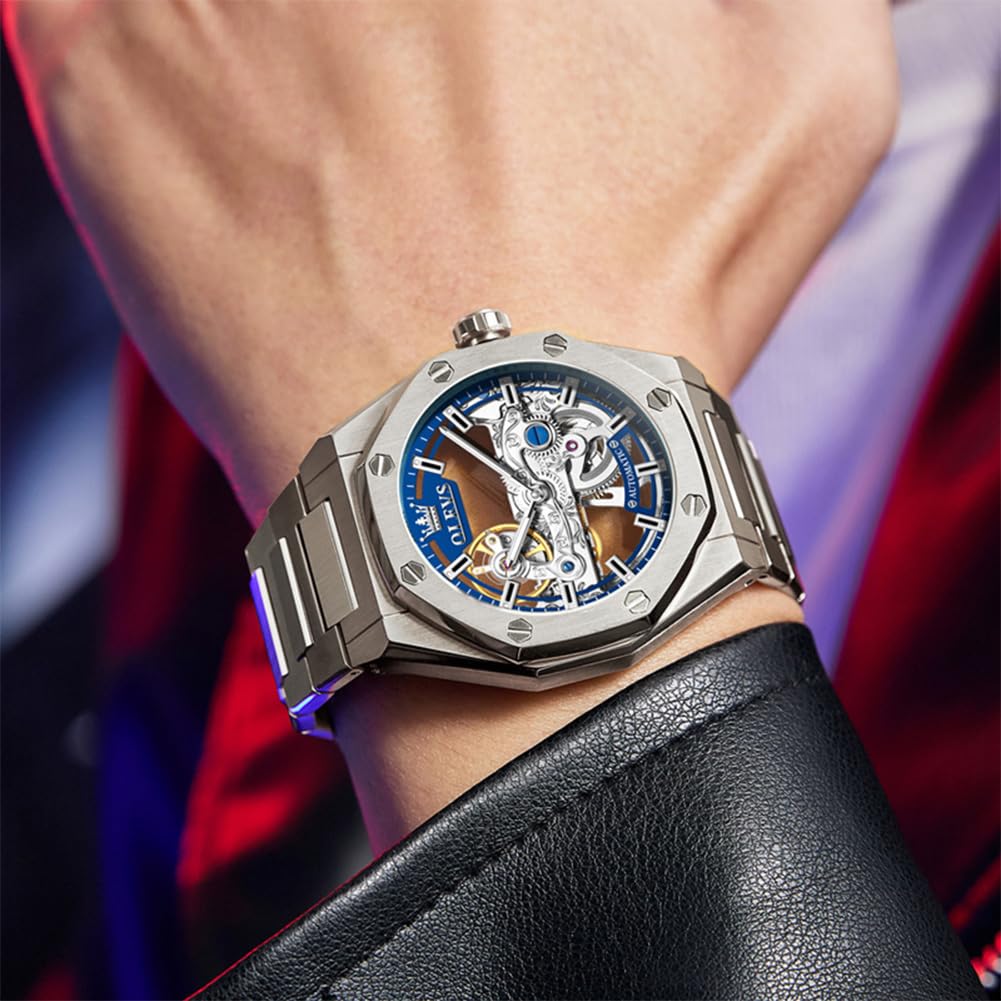 OLEVS Montre squelette automatique pour hommes montres mécaniques de luxe | Montre-bracelet à remontage automatique, sans pile, acier inoxydable, étanche 3TM, montre de sport, 42 mm