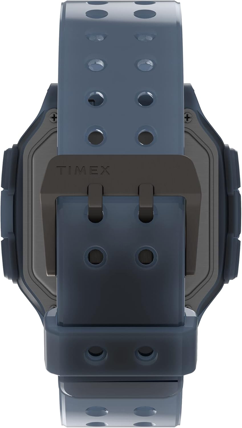 Zbliżenie na sprzączkę paska zegarka Timex TW2U56500 i tył koperty zegarka.