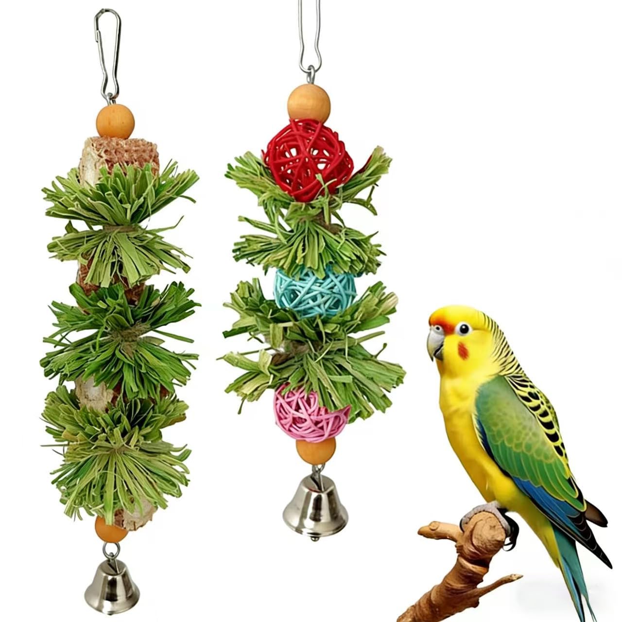 ZYYRSS 2Pcs Bird Toys Set, Natural Corn Cob Bells and Paper Slices Parrots Chewing Toys, Cage Hanging Foraging Shredder Toy, Bird Cage Accessories for Macaws, Conure, Cokatoos, Cockatiel, Parrots