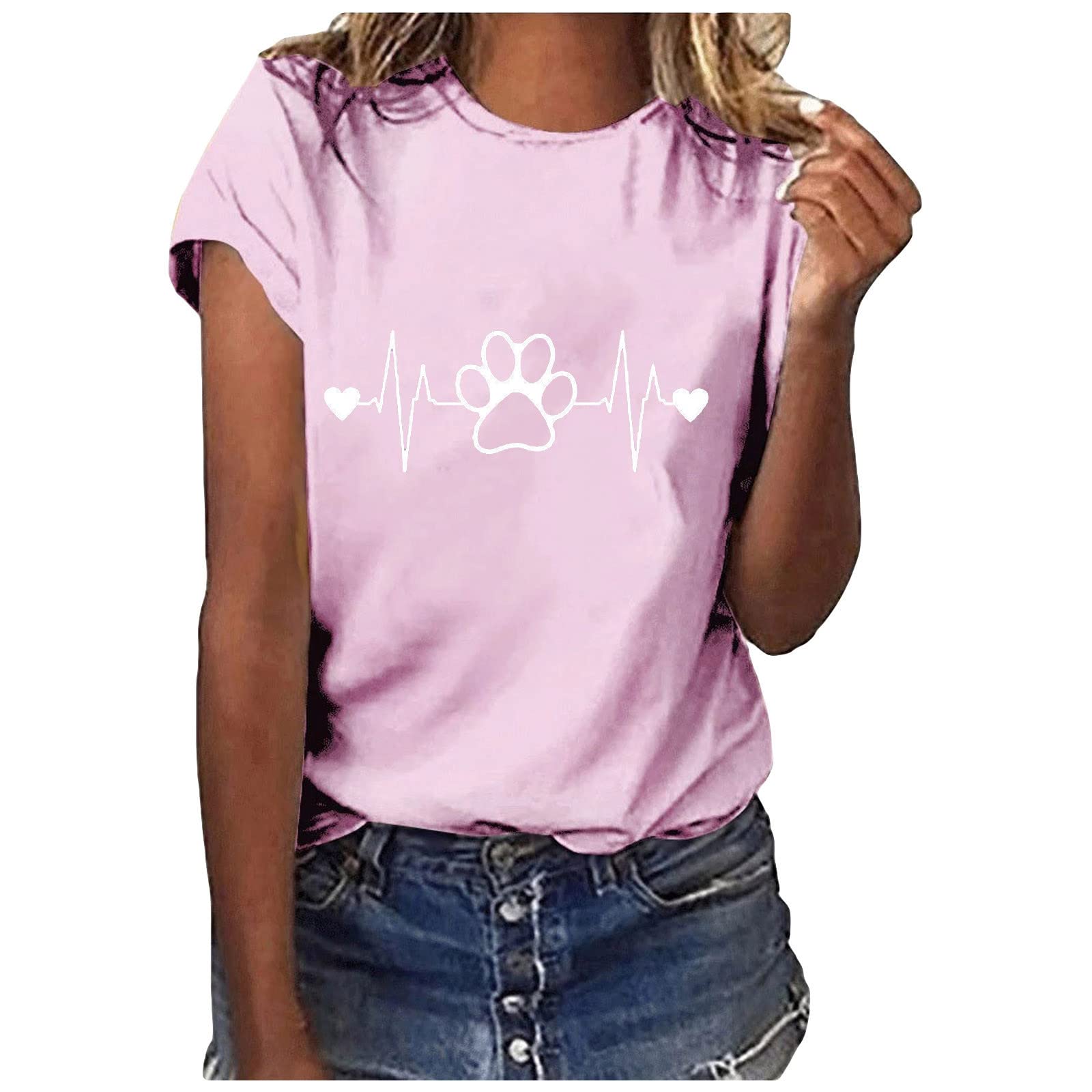 Valentines Shirt for Women Cute Dog Paw Heartbeat Print T-Shirt Loose Fashion Short Sleeve Tops Casual Round Neck