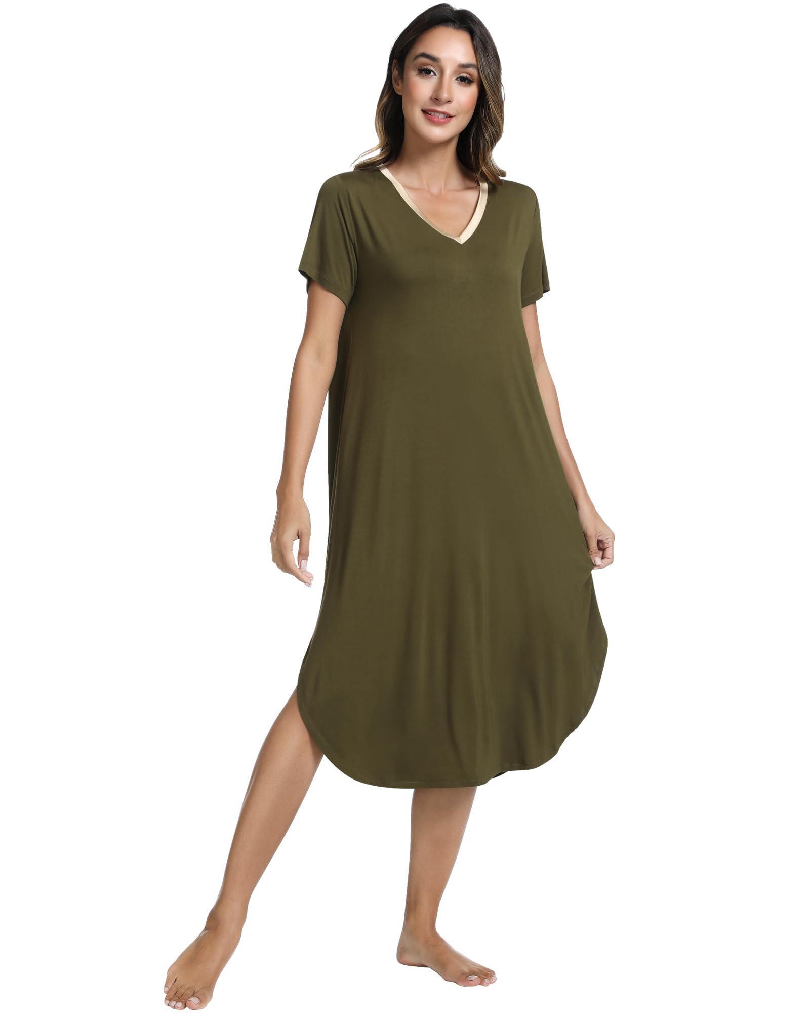 NACHILA Bamboo Viscose Nightgowns for Women Cooling Short Sleeve Sleepshirt | Soft V Neck Night Gowns, Moisture-Wicking Sleepwear for Hot Flashes &amp; Night Sweats, Ladies Nightshirts for Sleep, Home, Gift