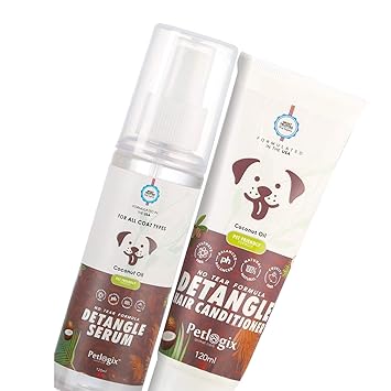 Petlogix Natural Say No to Knots Kit Enriched with Coconut Oil for All Coat Type Dogs ? Detangle Serum 120ml & Hair Conditioner, 120ml