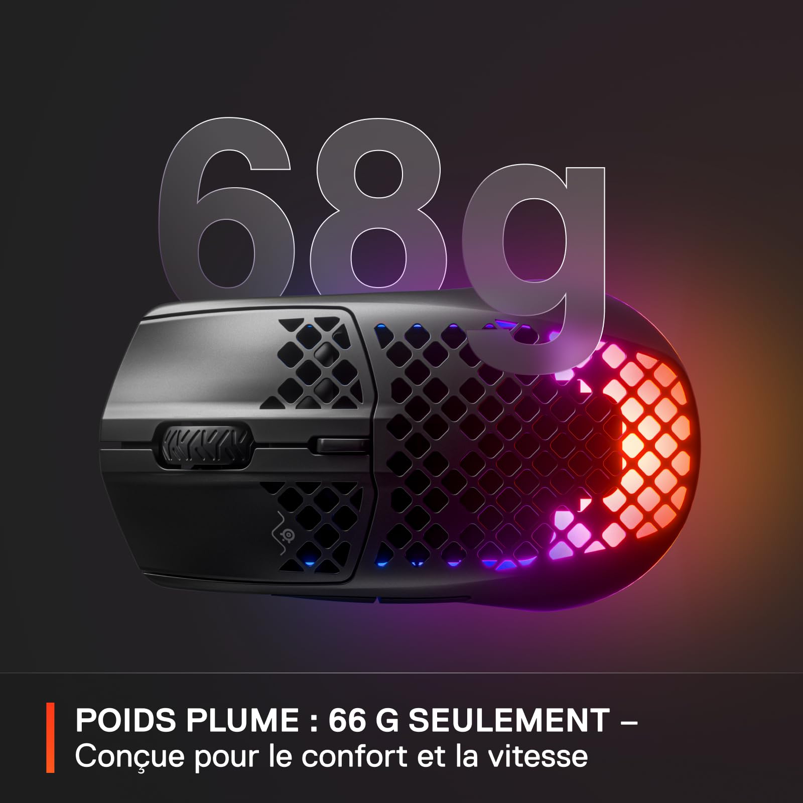 SteelSeries Aerox 3 Wireless - Souris gaming RGB trouée - Design étanche ultra-léger - Capteur optique 18K DPI TrueMove Air - Onyx