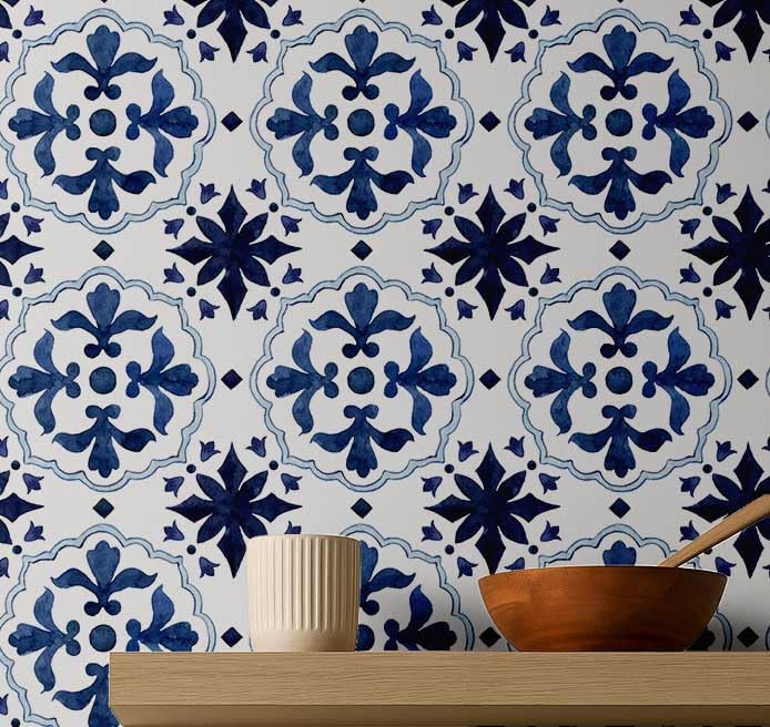 Crédence cuisine vintage mosaïque bleue avec ce papier peint vinyle autocollant