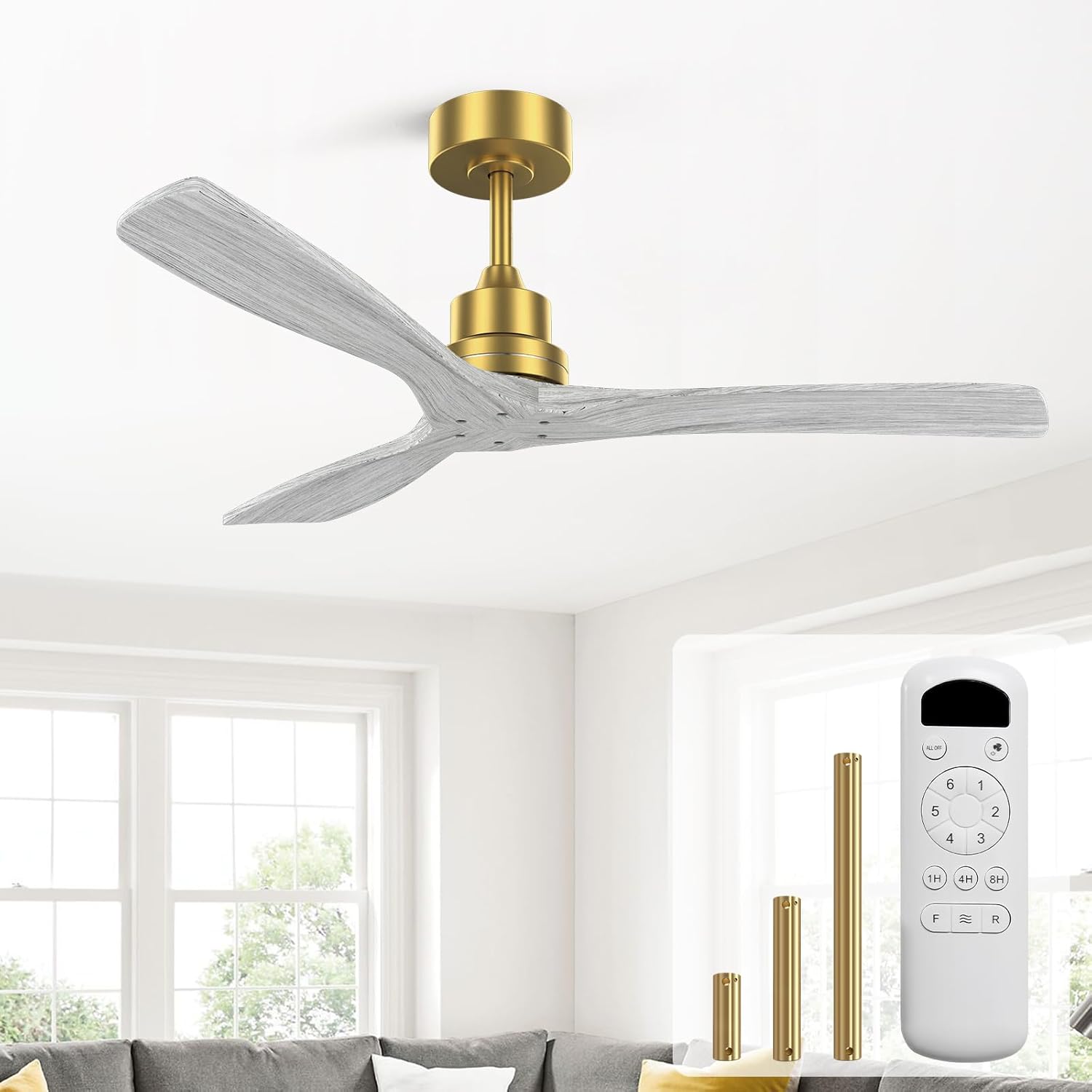 Sofucor 52 Inch Ceiling Fans No Light-Outdoor Grey Ceiling Fan Without Light, 3 Blade Reversible Quiet DC Motor, Modern Solid Wood Ceiling Fan with Remote Control for Bedroom Indoor Patios Farmhouse