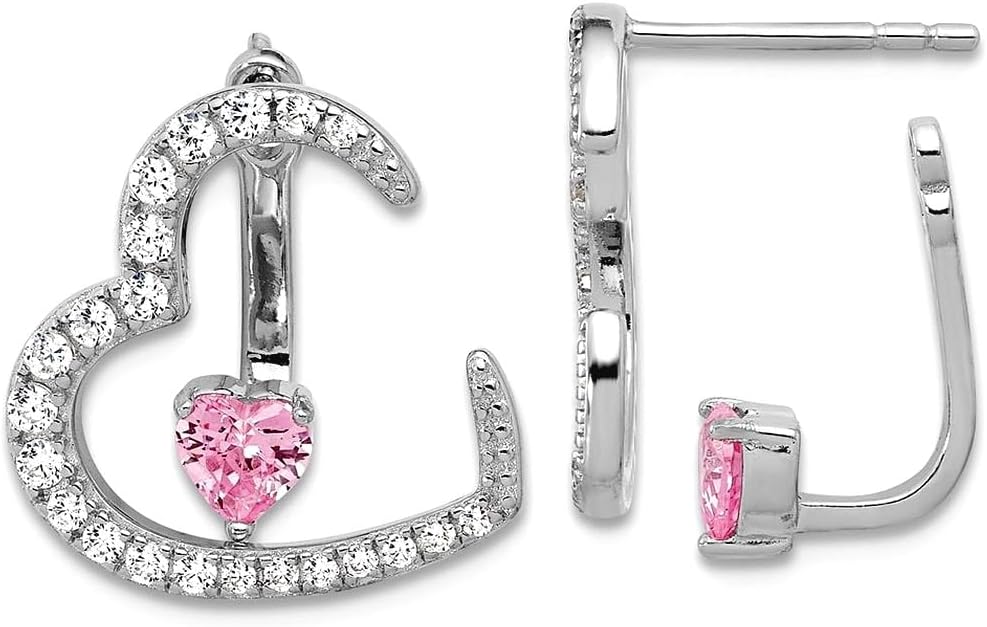 925 Sterling Silver Rhodium Plated White and Pink Cubic Zirconia Love Heart With Jacket Post Earrings 15.6x15.6mm Wide Earring Jacket for Women