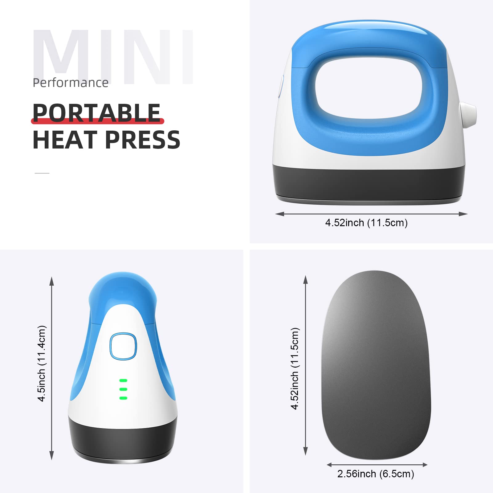 Mini pressa di trasferimento 2.0 generazione blu-bianco, pressa a caldo precisa con spegnimento automatico e cavo da 1,7 m per magliette, scarpe e progetti HTV fai da te, incluso tappetino in silicone