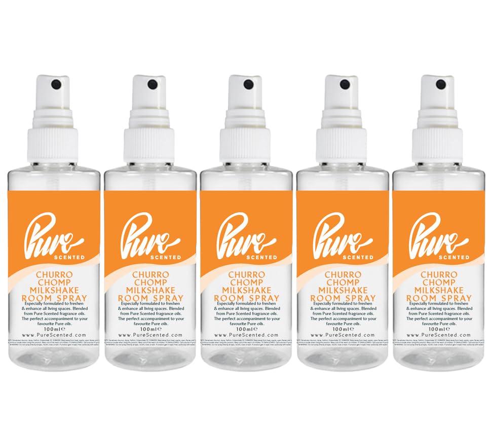 Pure Scented 500ml Room & Fabric Sprays 5 x 100ml Suitable For Home, Car, Caravan, Work, Gym Bags, Odour Eliminators (5 x 100ml, Churro Chomp Milkshake)