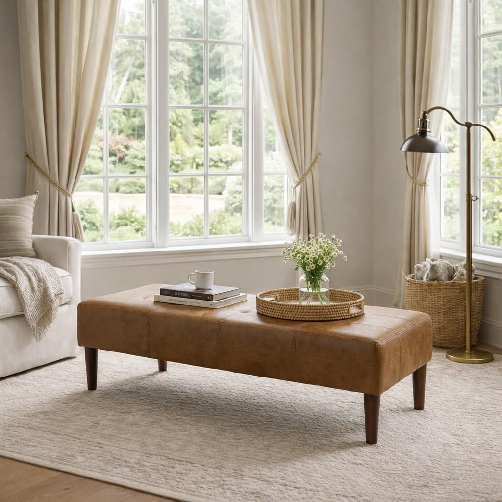 HomePop Tufted Decorative Bench, Light Brown Vegan Leather