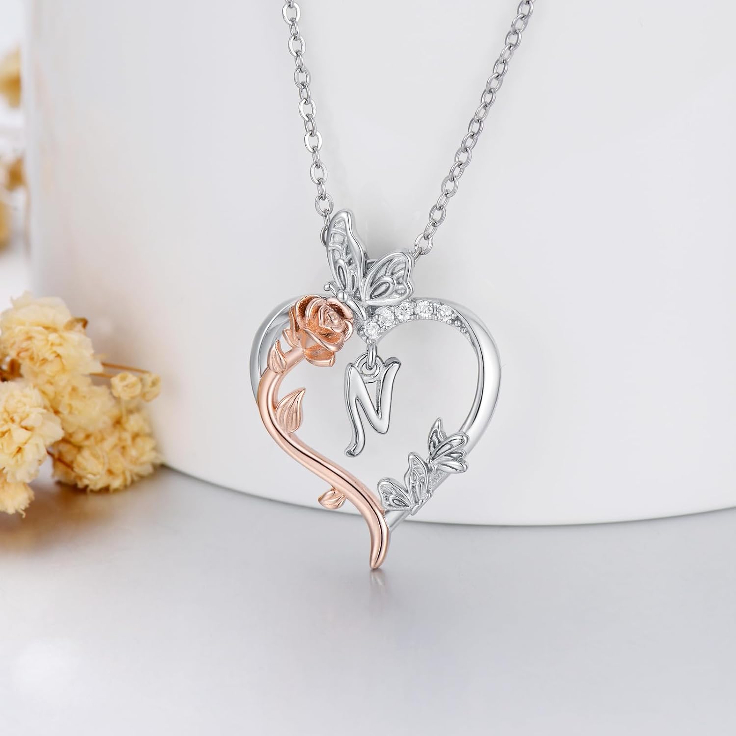 TOUPOP Valentines Day Gifts for Her 925 Sterling Silver Rose Heart Initial Necklace Butterfly Heart Jewelry Anniversary Birthday Gifts for Her Wife Girlfriend Mom - Image 5