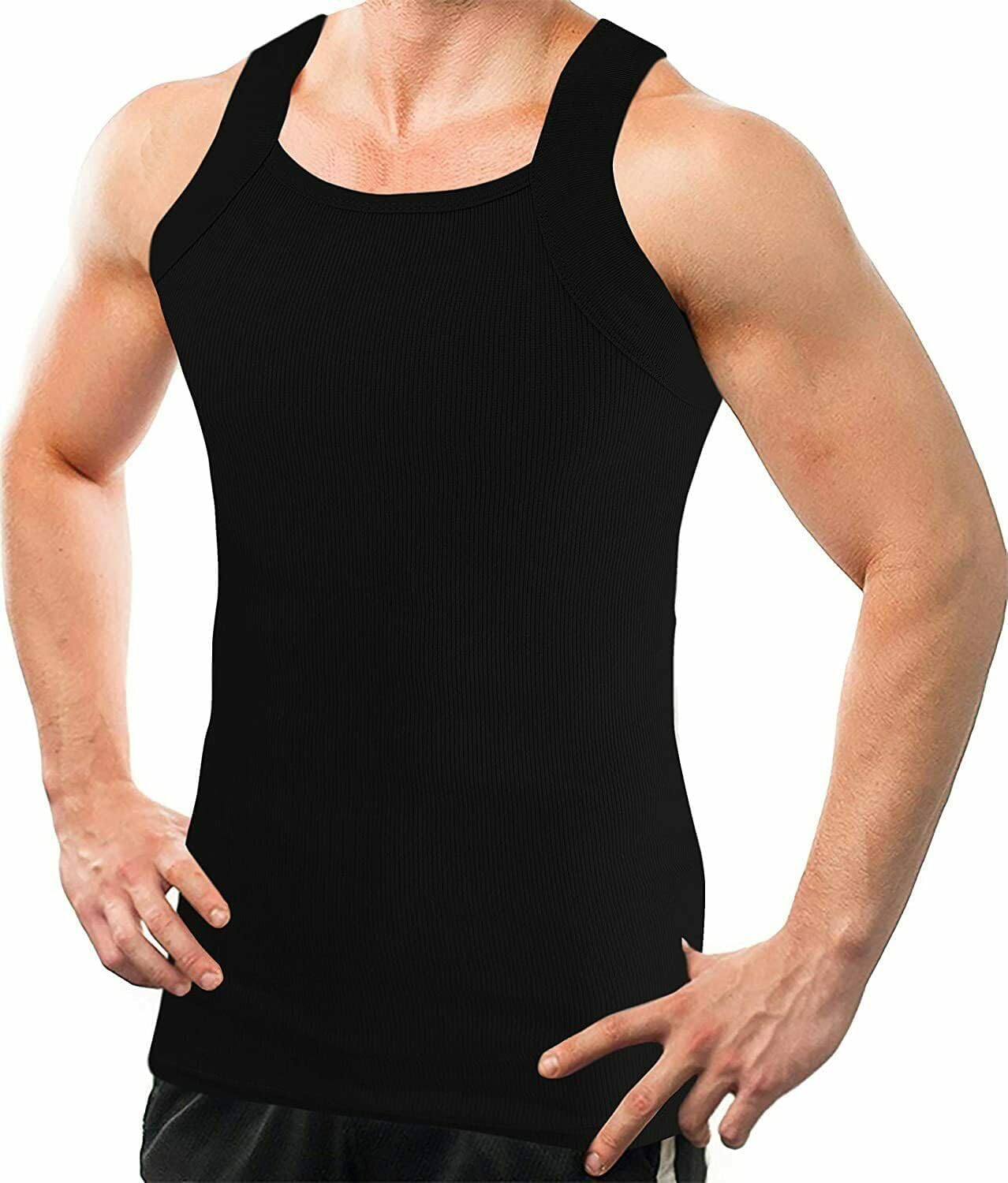 2 Packs Men's G-Unit Style Cotton Tank Tops Square Cut Muscle Rib A-Shirts - Image 3