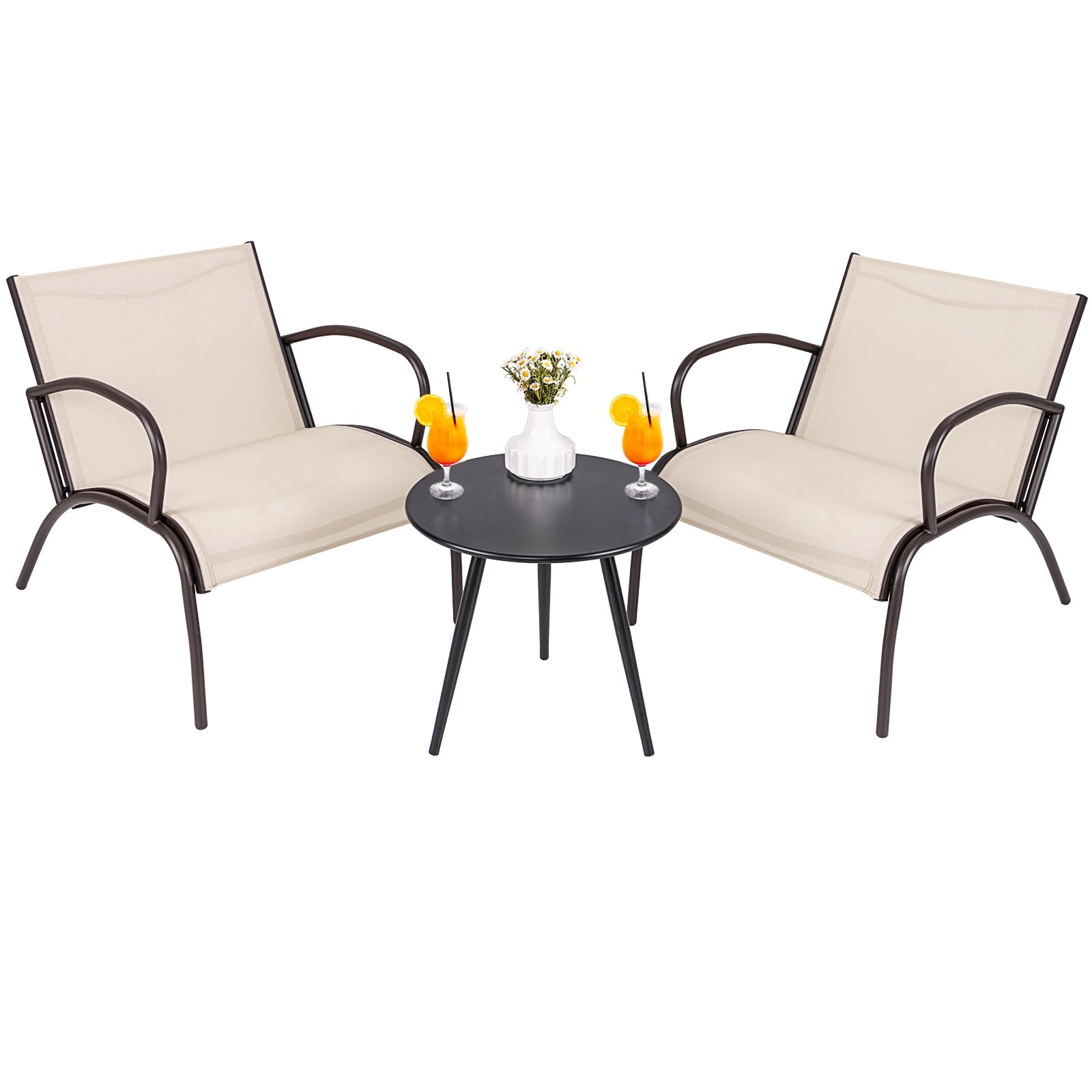 GOPLUS Conjunto de Mesa Redonda y 2 Sillas Jardin, Mueble Comedor para2 Personas, Carga 180 kg/50kg, Tela Transpirable, Marco de Metal, para Patio, Terraza, Piscina