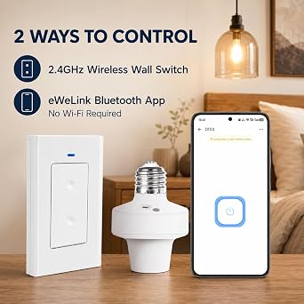 QIACHIP Ewelink 2.4G Wireless Remote Control Light Socket E26 E27 Bulb Socket Adapter, Bluetooth Smart Lamp Holder,Support APP Timing Delay (2 Socket + 1 Switch)
