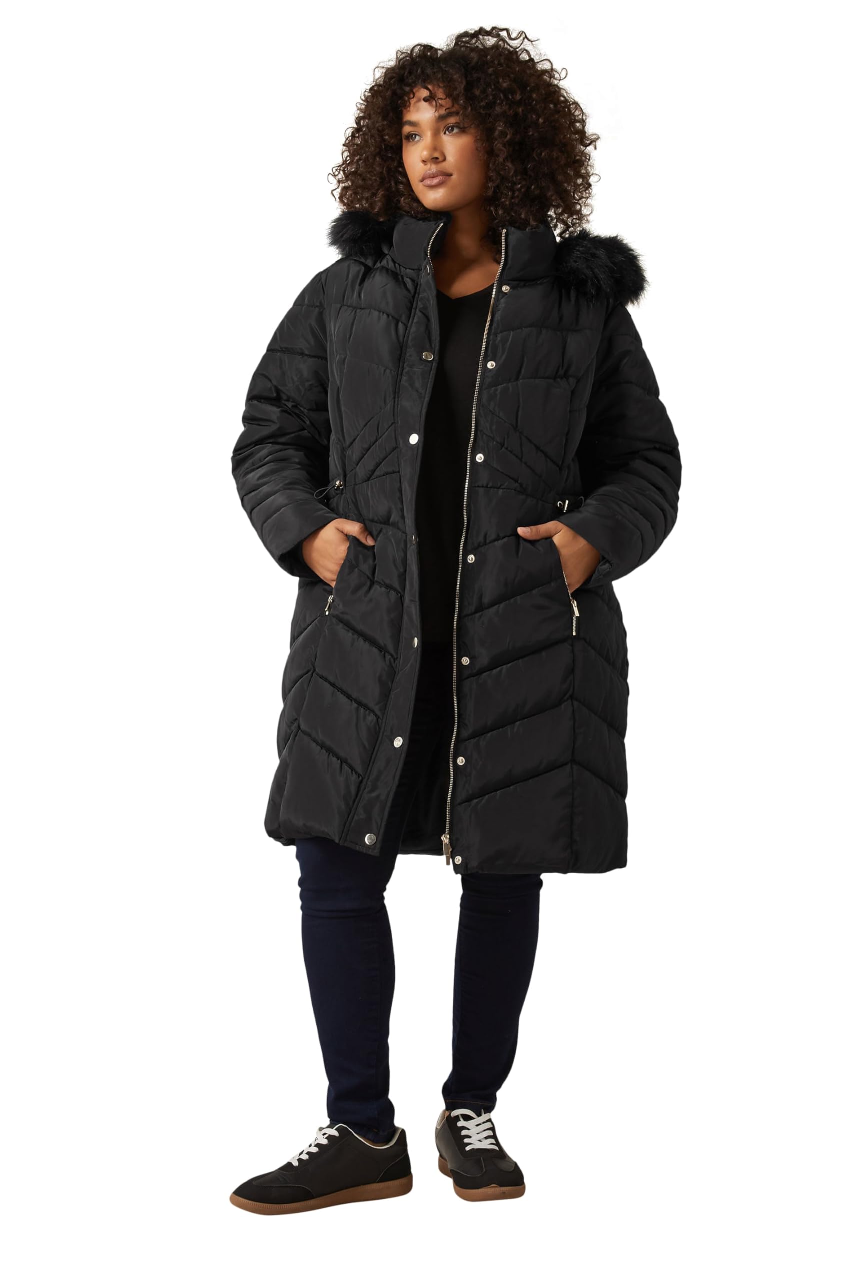 Evans Women's Black Curve Faux Fur Trim Padded Parka Coat - Plus Size Curve