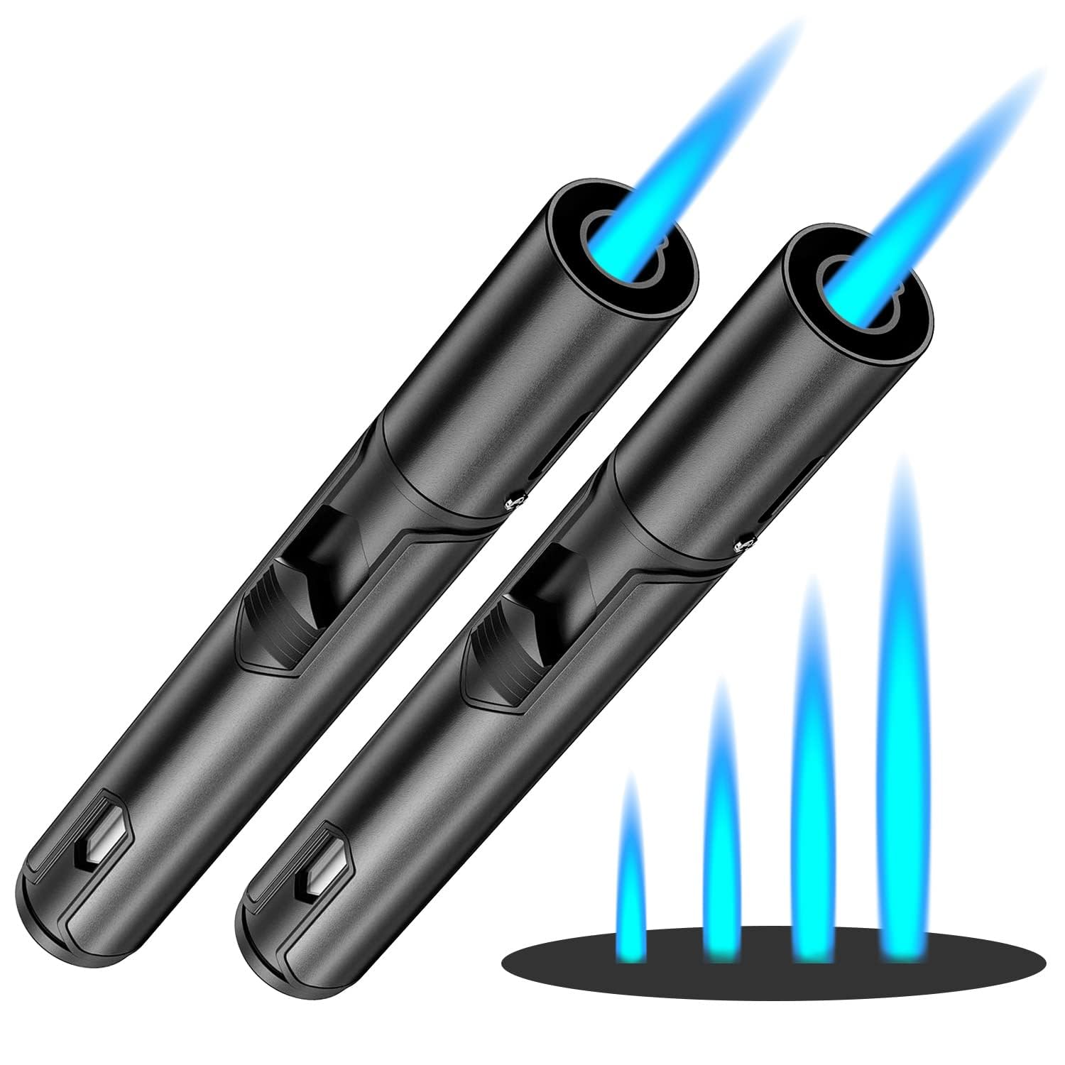 meloble Windproof Lighter 1 Jet Blue Flame Butane Torch Jet Cigar Lighter Refillable Metal Cigarette Lighters with Punch Cutter (Black+Black)