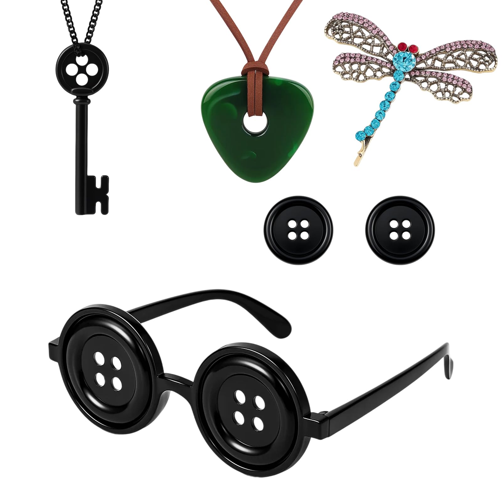 WNXBFO 6Pcs Coraline Costume,Coraline costume for Women and Girls,Coraline Merch includes Key Necklace, Green Stone Necklace