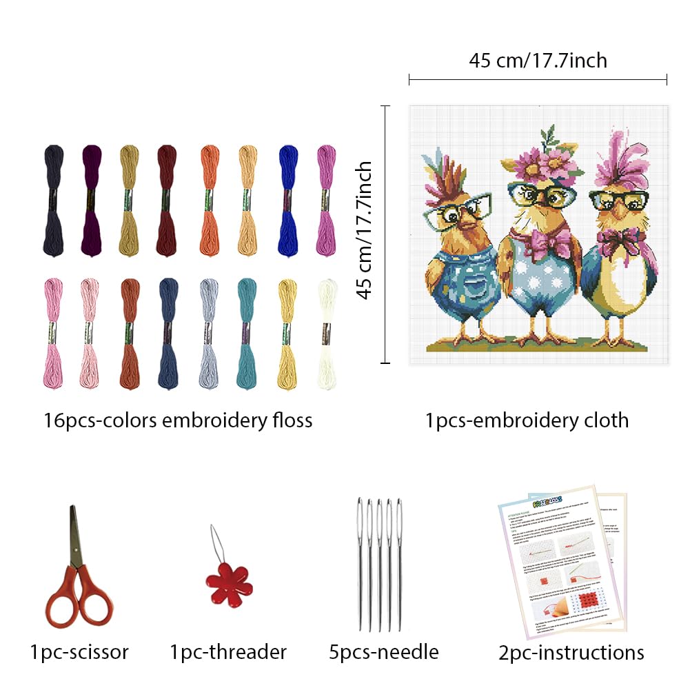 FREEBLOSS Cross Stitch Kit Funny Chicks Stamped Cross Stitch Wall Hanging for Adults with Instructions Pure Cotton Cloth for Beginnrs 17.7''*17.7'' No Frame