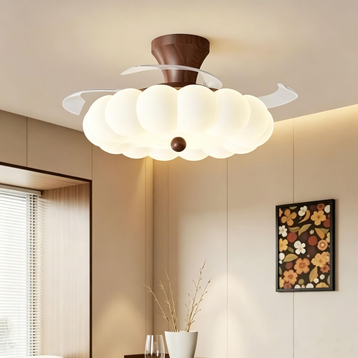Piptyllite LED Hidden Ceiling Fan Light, Vintage Floral Design, New Chinese Style for Bedroom & Dining Room,Brown