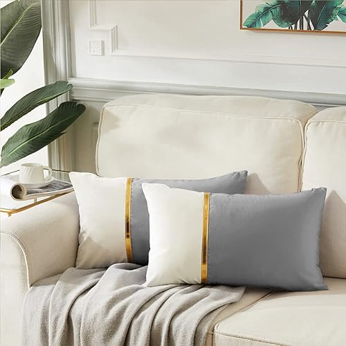 Miniatura 6 de Fancy Homi Paquete de 4 fundas de almohada decorativas lumbares grises de 12 x 20 pulgadas para sofá cama de sala de estar, retazos de terciopelo