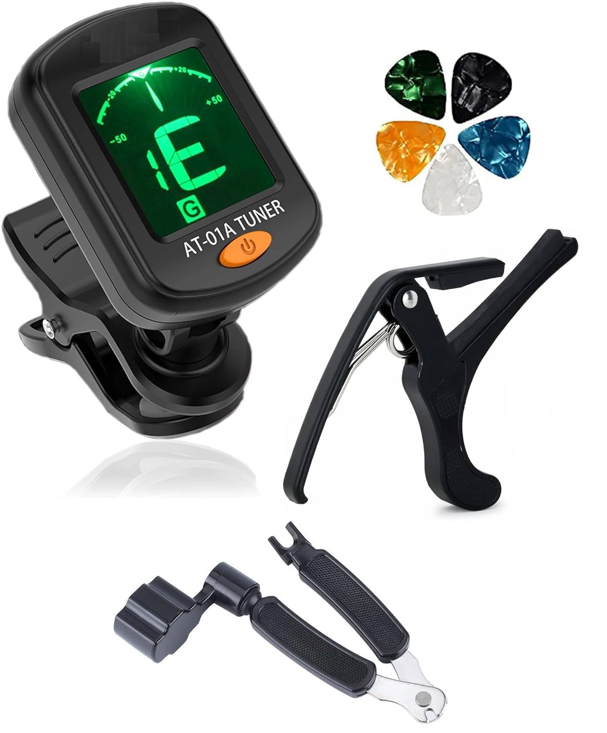 Flare Electronic Guitar Tuner, Metal Guitar Capo, 3-in-1 String Winder, String Cutter, Pin Puller with 5 Celluloid Picks for Acoustic Guitar Ukulele Bass Banjo Mandolin-picture-25