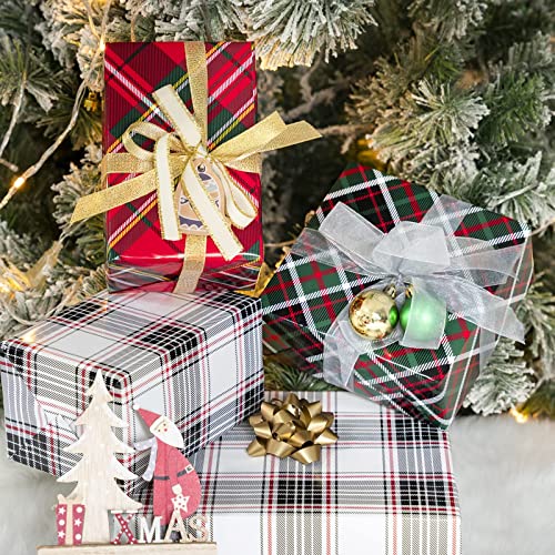 MAYPLUSS Christmas Wrapping Paper Roll - Mini Roll - 17.3 inch X 120 inch Per roll - 3 Different Red & Black Plaid Design (43.2 sq.ft.ttl)