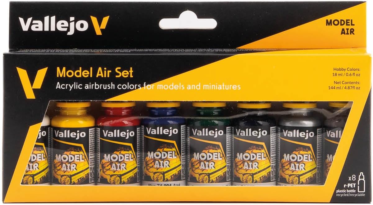 Vallejo - Model Air Basic Colors | Acrylic Paint Set | Pre Thinned Airbrush Ready Formula | 8 Basic Shades | Non-Toxic Water Based Pigments | Professional Grade Finishes