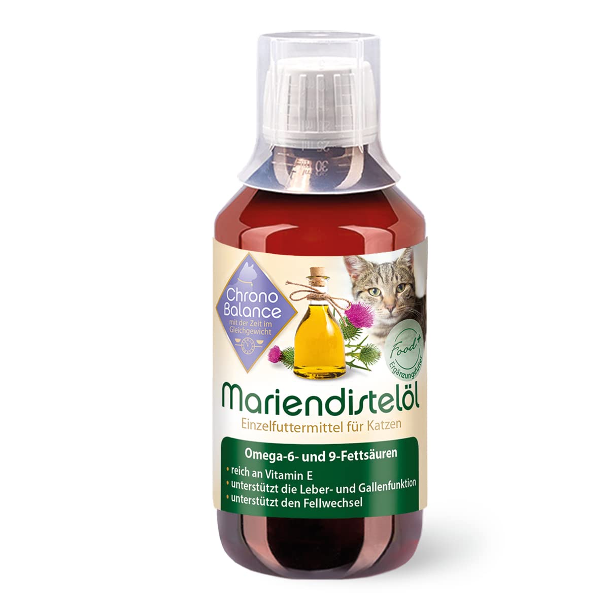 ChronoBalance® 250 ml de Aceite de Cardo Mariano para Gatos, como suplemento nutricional Natural, Ayuda para el Cambio de Telas y Pelaje, Vitamina E, Omega-6 y Omega-9, Vaso dosificador Incluido.