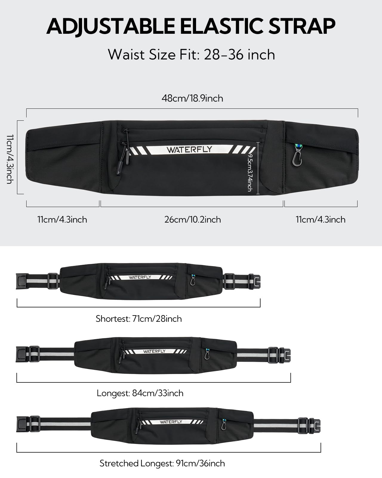 WATERFLY Marsupio da corsa: marsupio sottile e traspirante con 4 tasche, per uomo e donna, per sport, allenamento, allenamento, fitness, porta cellulare, per maratona, jogging, adatto a tutti i