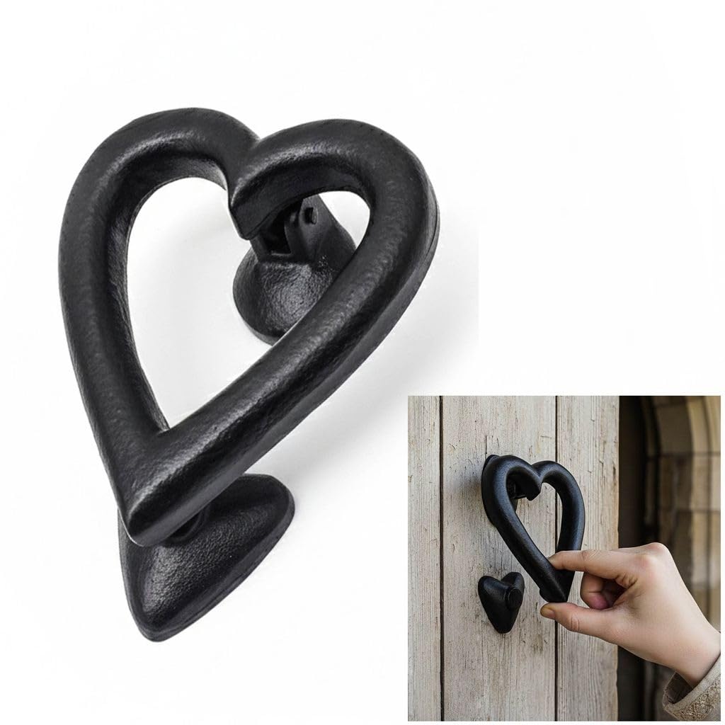 Mystic Colonial Heart Door Knocker – Handmade Antique Cast Iron Front Door Knocker – Heavy Duty Vintage Exterior Door Hardware & Romantic Rustic Home