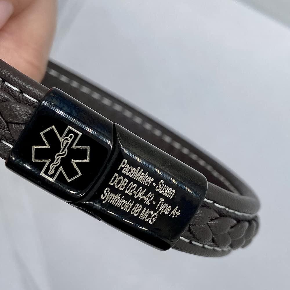 Personalized Leather Medical Alert Bracelets for Men & Women with Free Engraving Stainless Steel Emergency Medical ID Bracelets for Family Medical Warning Bracelet 7.4 to 9 Inches