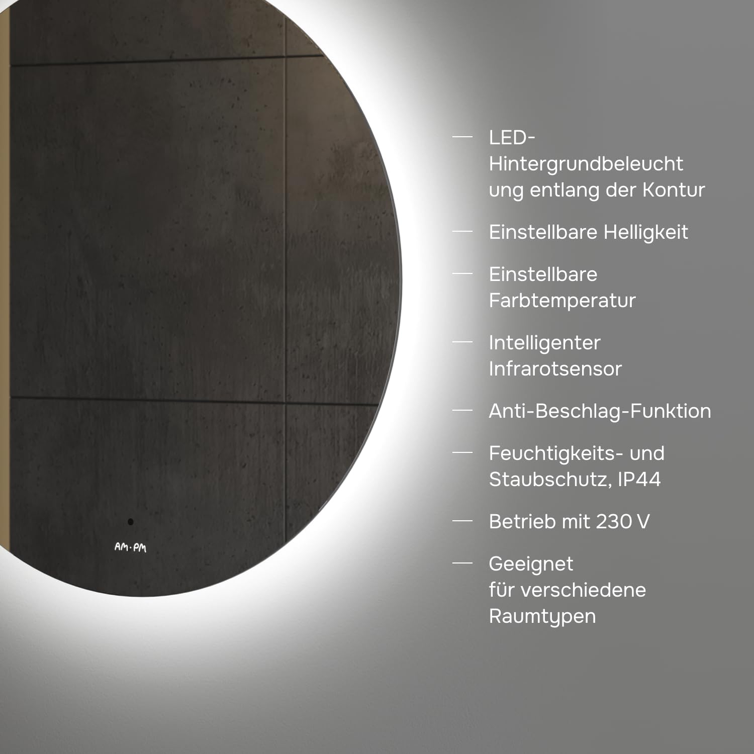 AM.PM Hit - Specchio a LED rotondo, diametro 60 cm, con illuminazione, specchio da bagno rotondo dimmerabile, specchio da bagno con luce 3 temperature di colore, sensore touchless e anti-appannamento