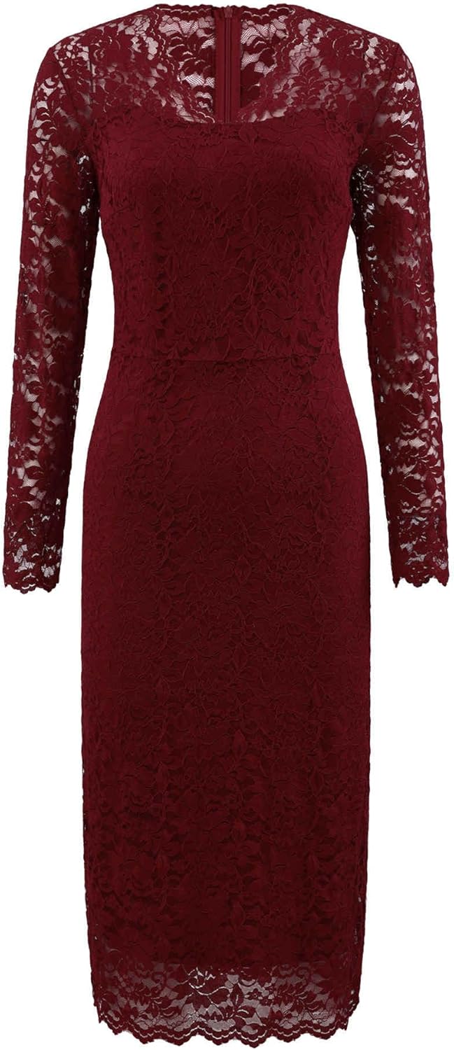 Women's Floral Lace Dress V Neck Long Sleeve Cocktail Wedding Bodycon Pencil Dresses