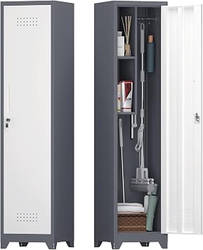 IRONFFICE Metal Storage Cabinet with Lock,65 H Laundry Room Cabinets with Pegboard,Locking Metal Cabinet Heavy Duty for Garage Office,School,Warehouse,Grey-White