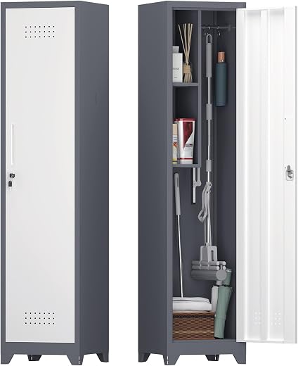 IRONFFICE Broom Closet Storage Cabinet Slim,Narrow Utility Cabinets for Brooms and Mops,Tall Storage Closet for Laundry Ro...