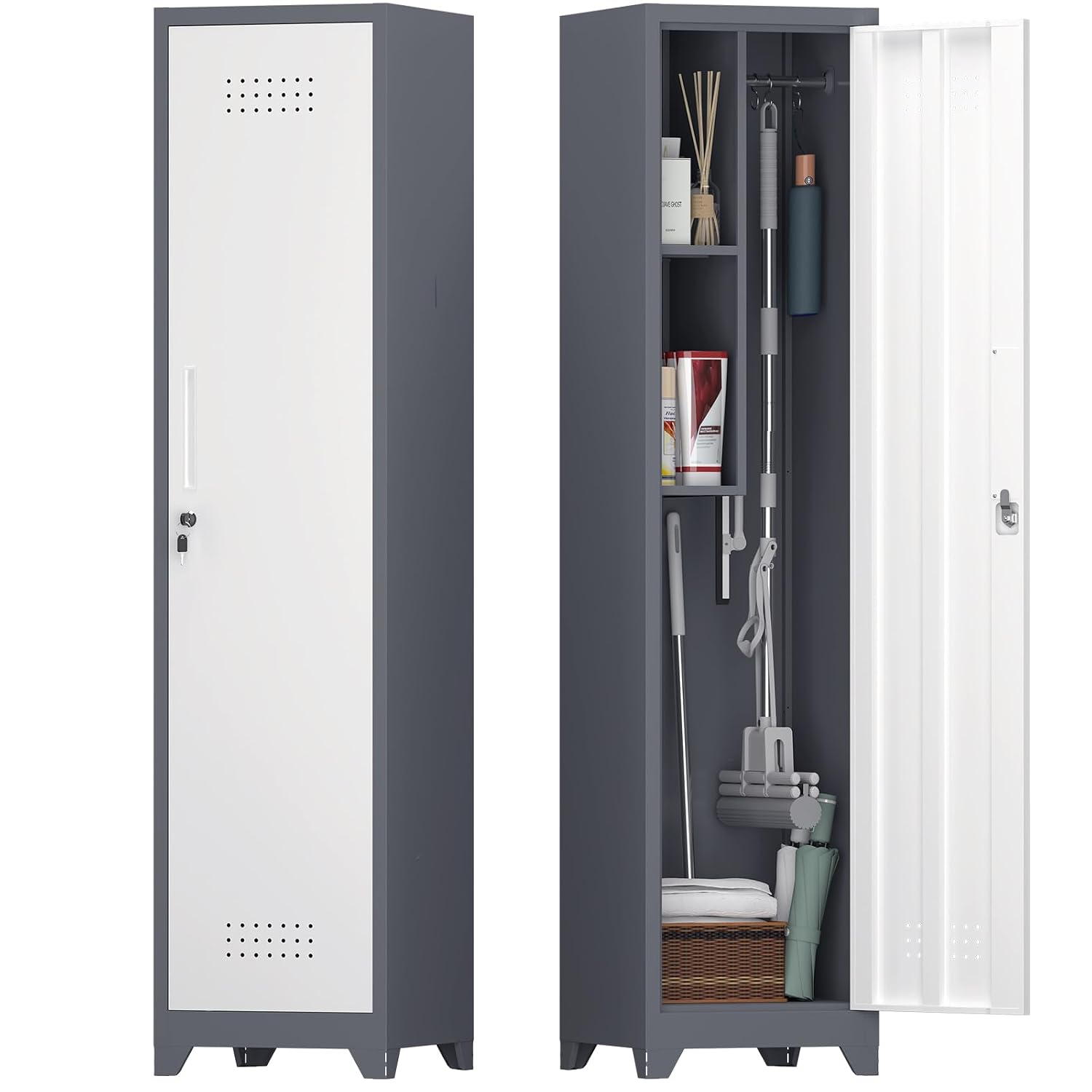 IRONFFICE Broom Closet Storage Cabinet Slim,Narrow Utility Cabinets for Brooms and Mops,Tall Storage Closet for Laundry Ro... - Review, Price and Buying Guide