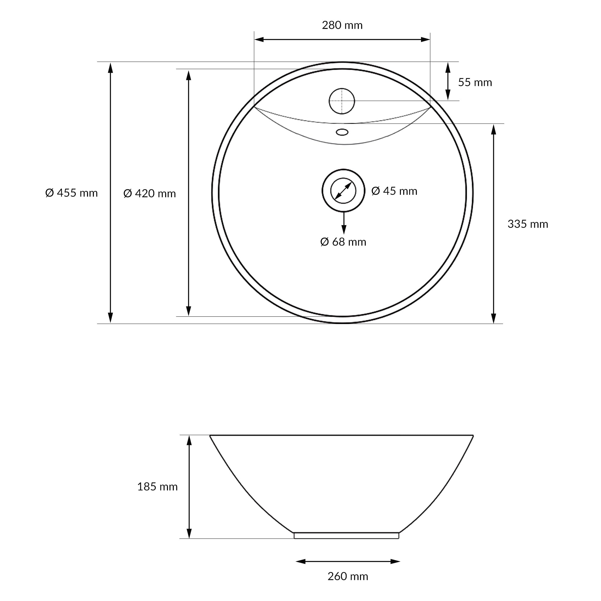LuxeBath Design umywalka podumywalkowa ceramiczna okragla biala Ø455x185 mm elegancka umywalka nablatowa reczna wodospadowa nowoczesna trwala latwa w czyszczeniu do lazienki i toalety goscinnej