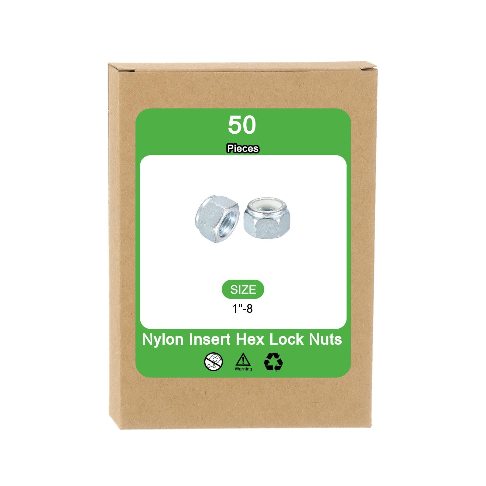 QUARKZMAN 50Pcsess Tuerca Seguridad Acero Blanco Y Blanco | Con Insertos Nylon, Con Insertos Nylon 1"-8, Fijadores Industriales