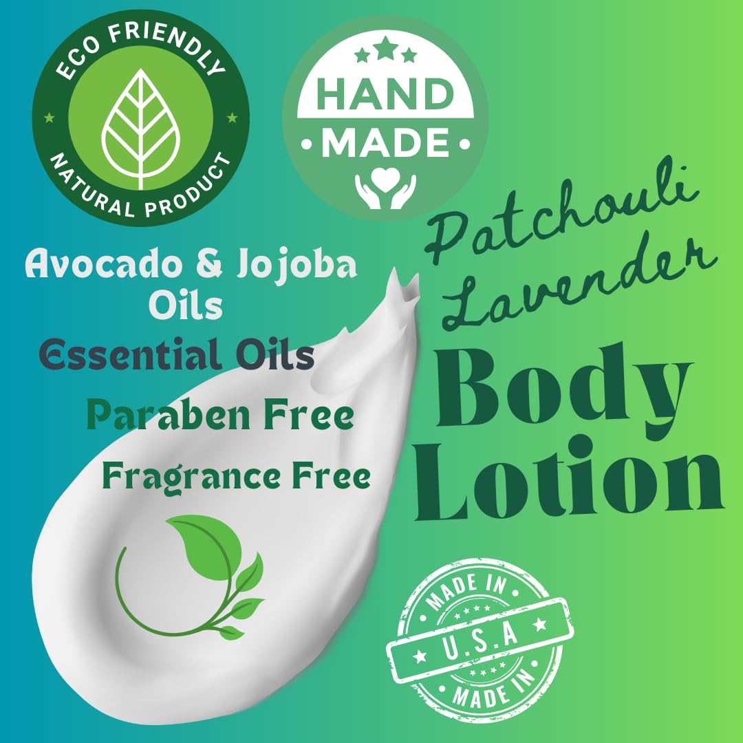 Patchouli Lavender Body Lotion - Infused with Essential Oils of Dark Patchouli and Lavender, Grounding and Calming (8 oz)