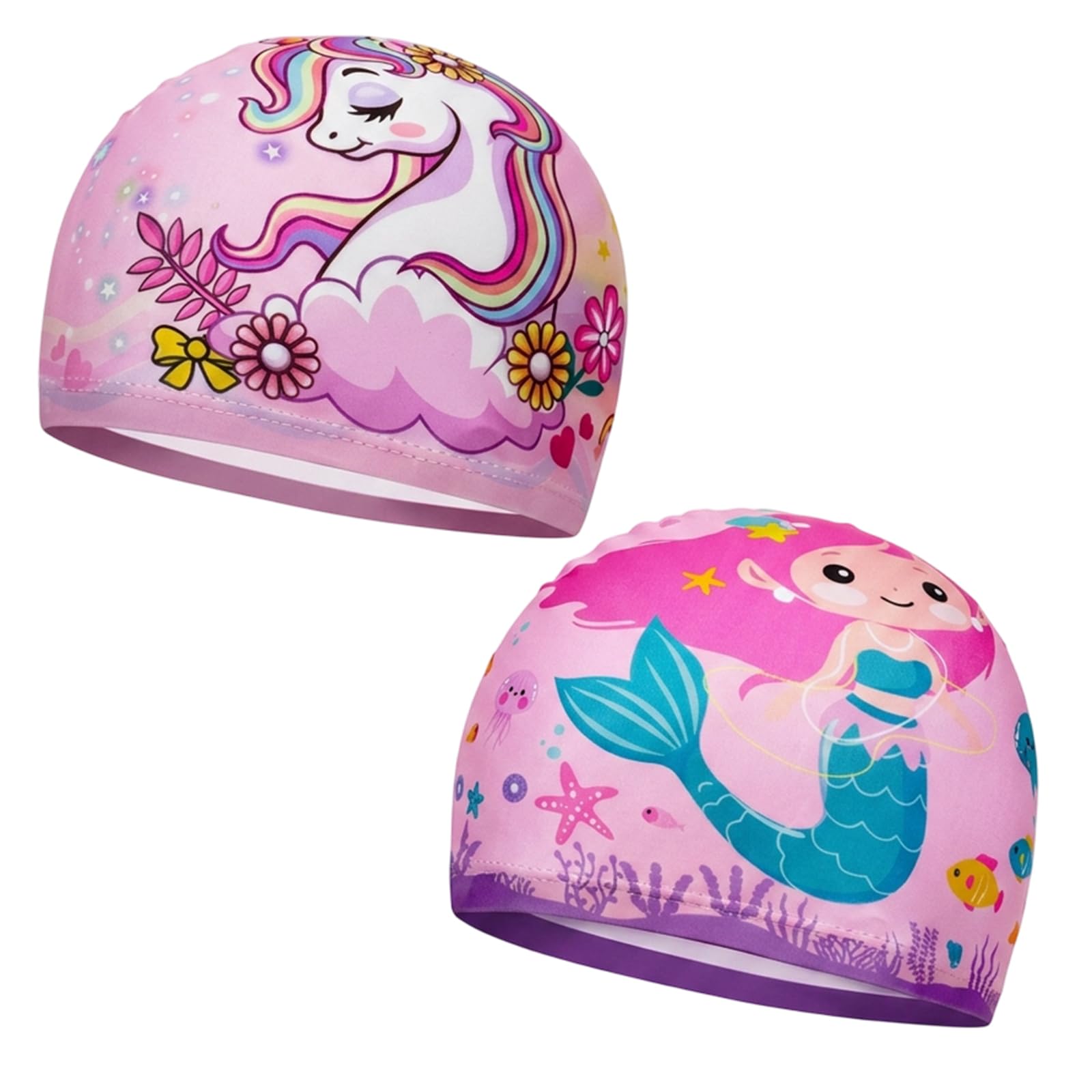 2pcs Swimming Cap, Fabric Swimming Caps, Set with Mermaid and Unicorn Designs, Swim Hat for Pool Activities, Swim Cap for Comfortable Wear
