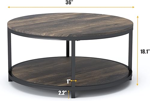 Miniatura 57 de Mesa de centro redonda de 36 pulgadas, superficie superior de madera rústica y patas de metal resistentes, mesa industrial para sala de estar, Nogal