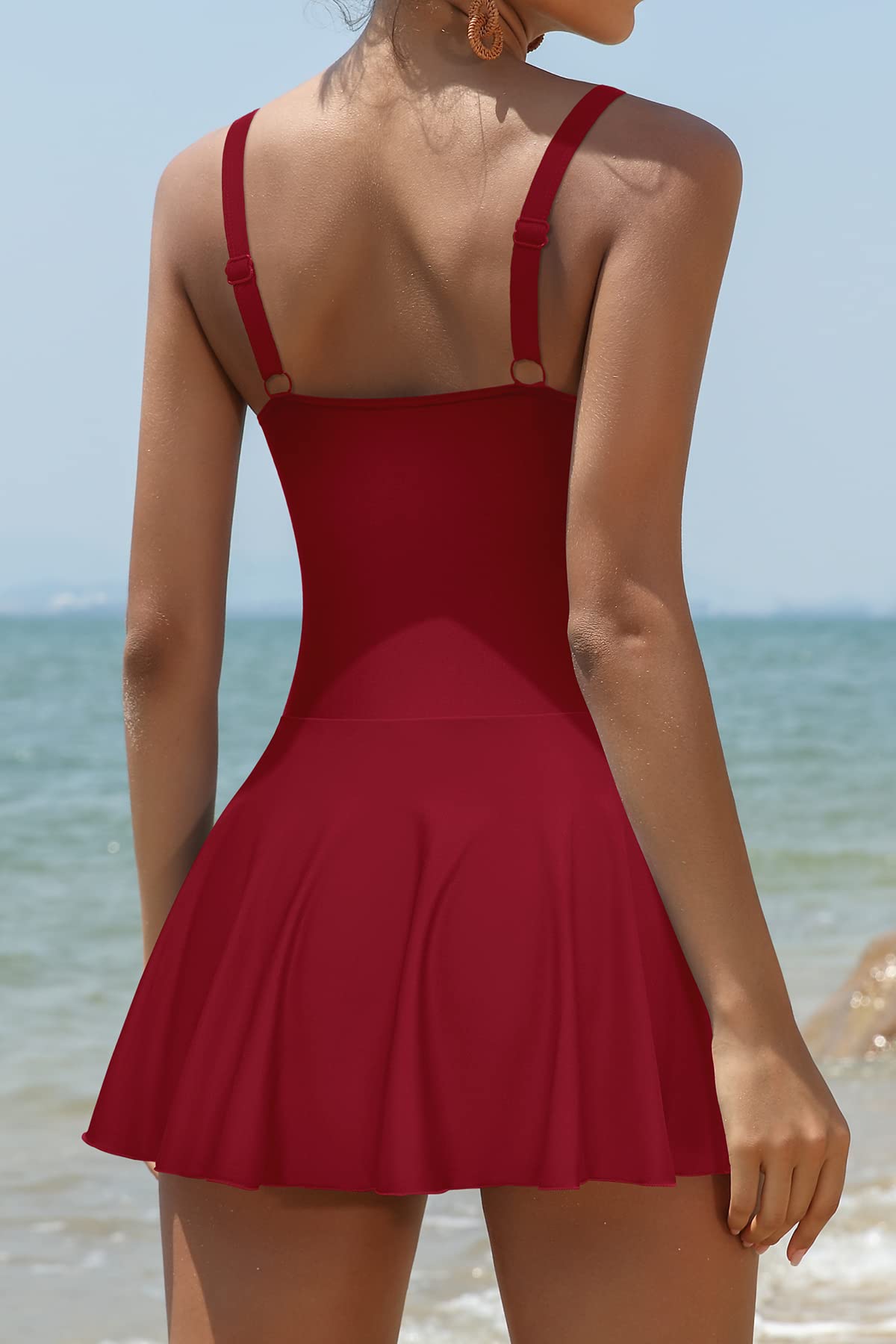 SHEKINI Costumi da Bagno Donna Un Pezzo Ruched Skirted Swimwear Regolabile Vintage Costume Intero Donna Mare Gonna da Spiaggia（L，Vino Rosso-c）