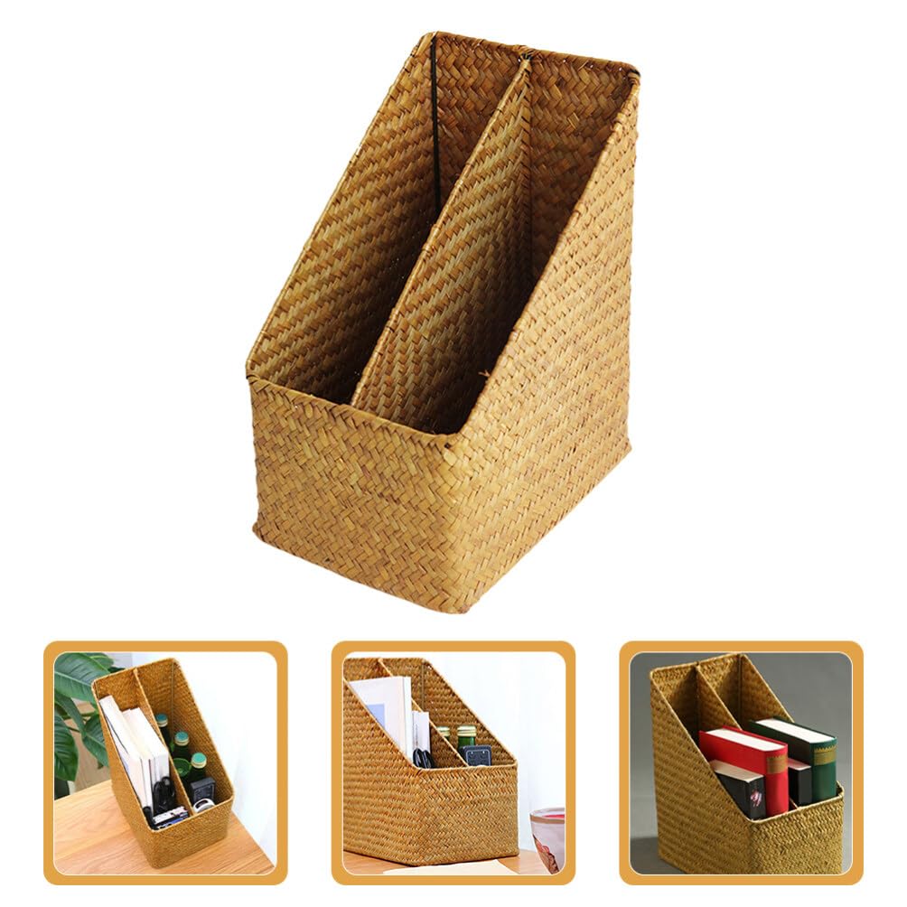 HOLIDYOYO Woven Magazine Basket File Books Rack Floor Wicker Letter Holder Boho Farmhouse Book Basket Narrow Newspaper Holder for Home Office