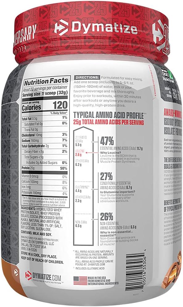 Dymatize ISO100 Hydrolyzed Protein Powder, 100% Whey Isolate Protein, 25g of Protein, 5.5g BCAAs, Gluten Free, Fast Absorbing, Easy Digesting, Chocolate Caramel, 1.6 Pound