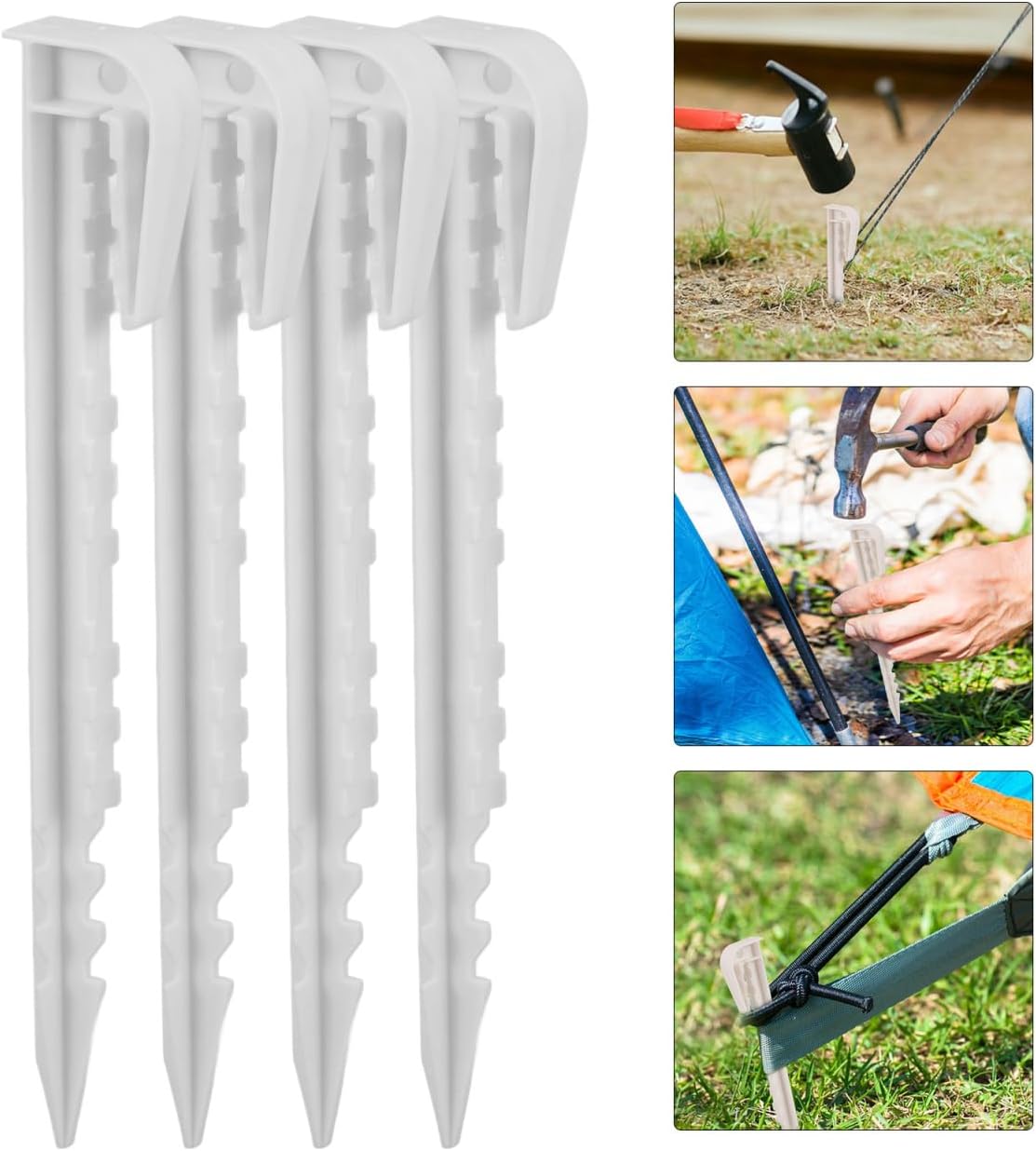 Homoyoyo 20pcs White Plastic Tent Stakes Ground Pegs Camping Nail Beach Stakes for Outdoor Tents Garden Fence Landscaping Windproof Use