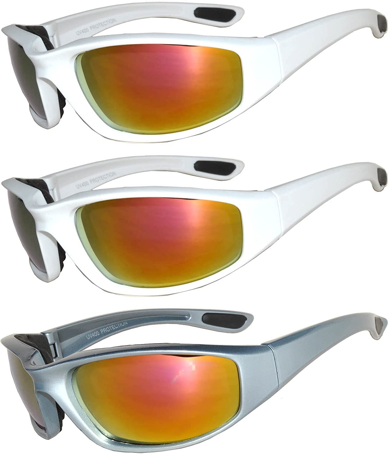 OWL 3 Pack Motorcycle Riding Glasses, Padded Sport Sunglasses, Assorted Colors for Men and Women